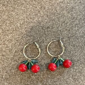 Cherry Hoop Earrings with Red and Green Accents